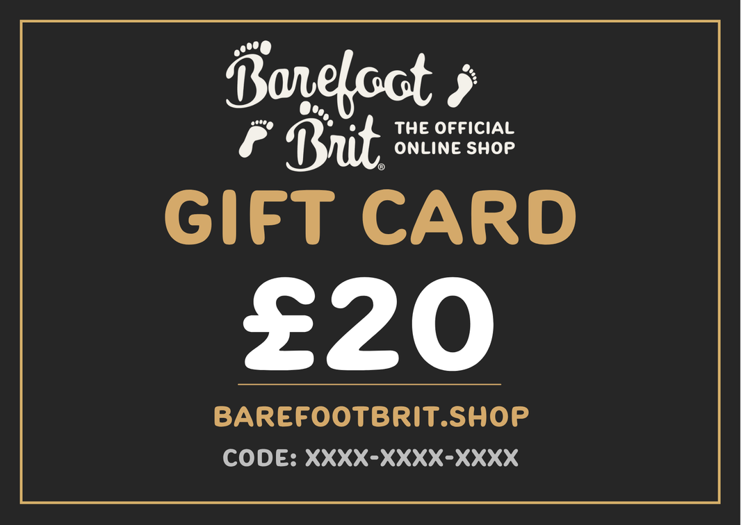 £20 Barefoot Brit Shop e-gift card featuring the official logo and a £20 voucher value on a sleek dark background.