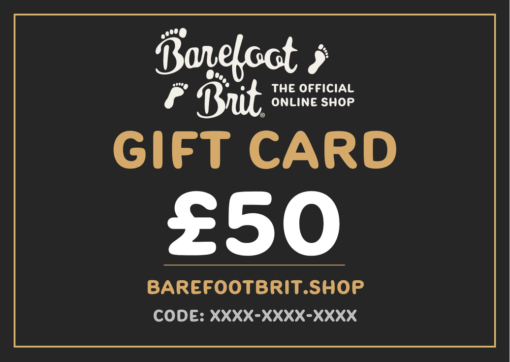 £50 Barefoot Brit Shop digital gift card with a clean gold and white design on a dark charcoal background.