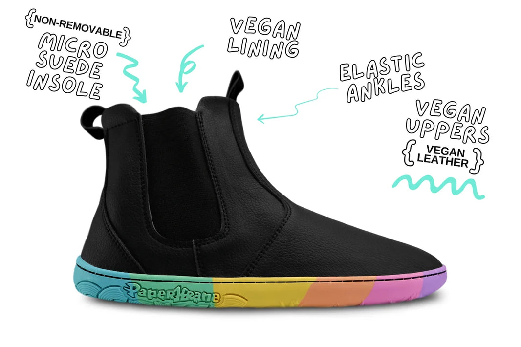 PaperKrane Kranebow black vegan barefoot Chelsea boot side view with rainbow sole