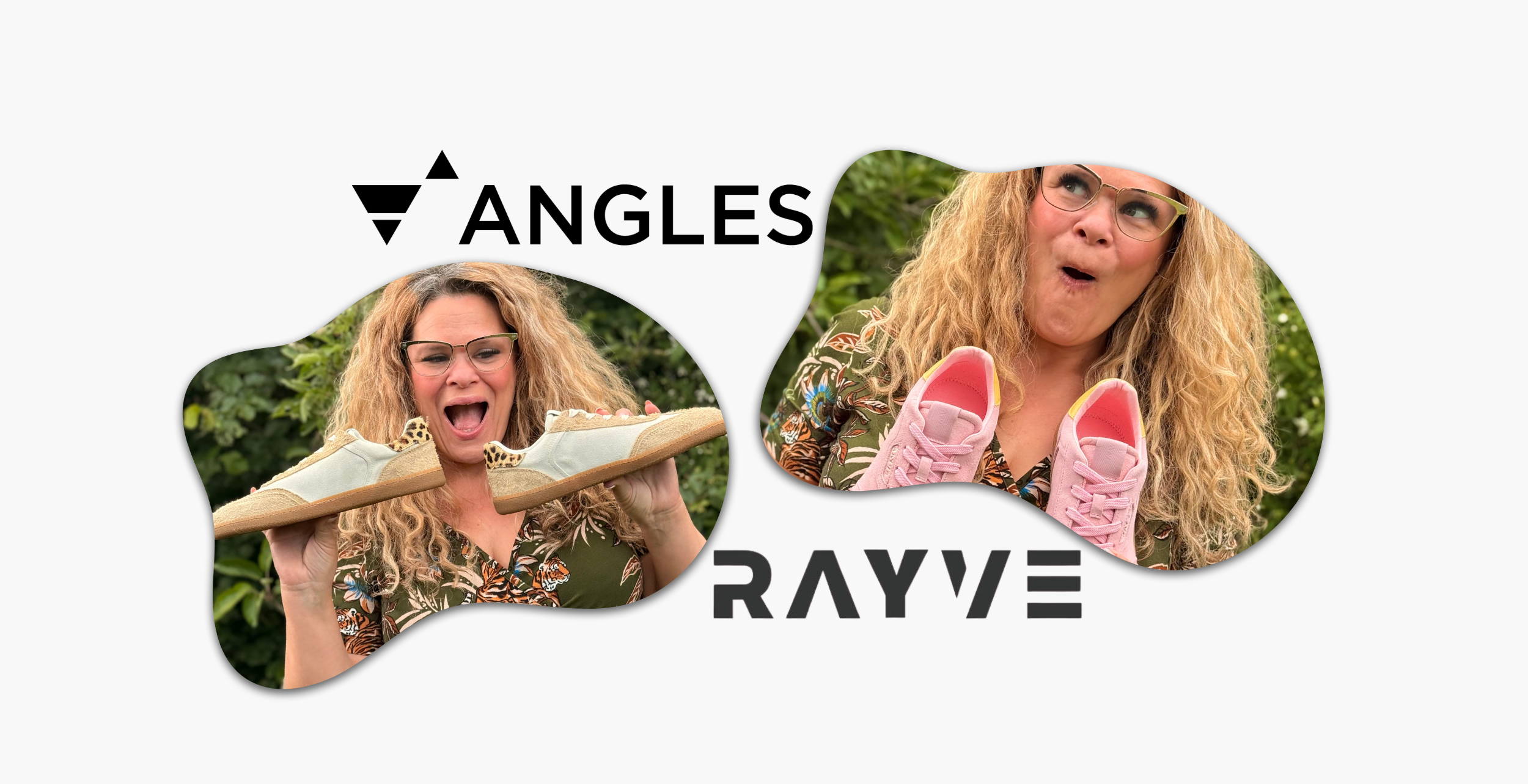 Two circular images of a woman wearing Barefoot shoes with 'Angles' and 'Rayve' branding.