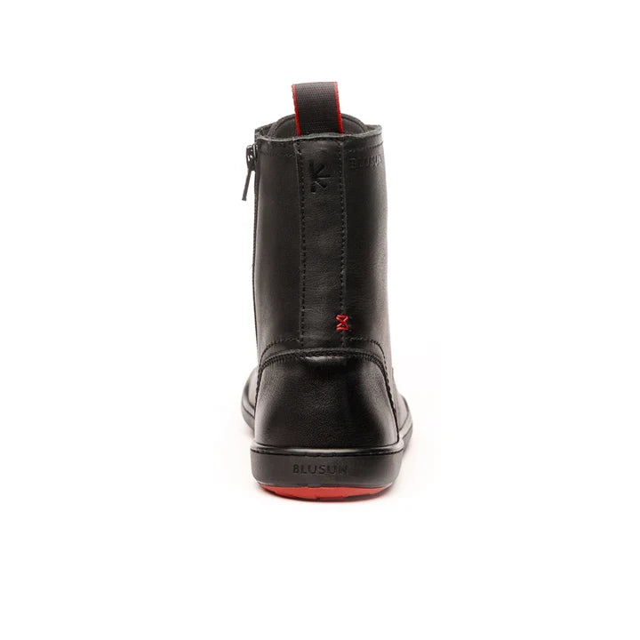 BLSN-040W Black Barefoot Boot rear angle view showing red heel pull tab