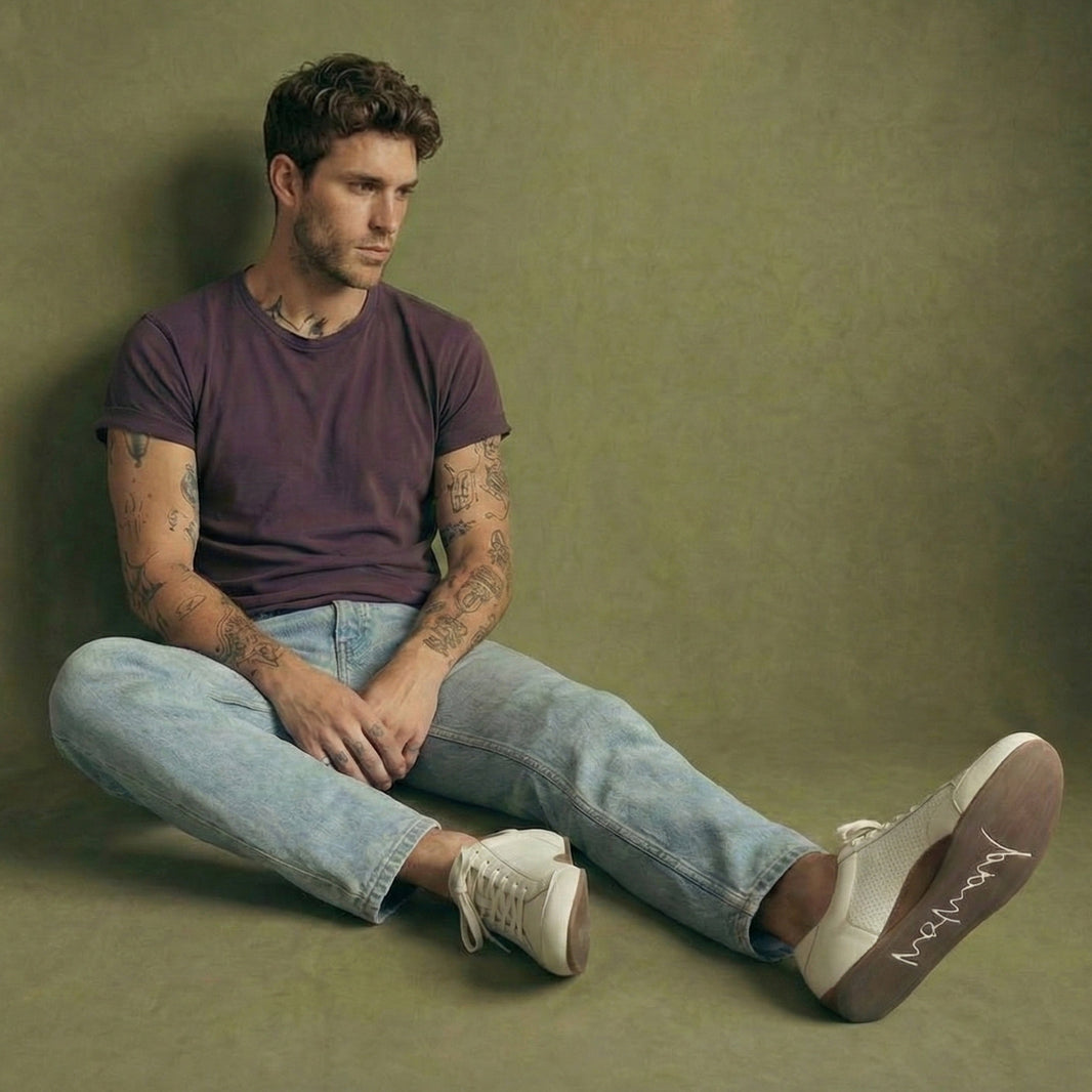 LONO NOMAD OG Men's Leather Barefoot Trainers, on-foot lifestyle photograph