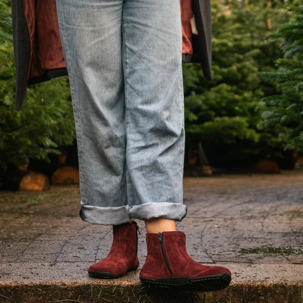 Burgundy barefoot leather trainers showing wide toe box and thin sole