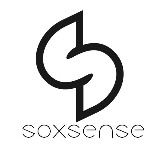 Soxsense logo with black interlocking symbol and brand name on white