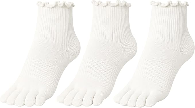 Soxsense white cotton five-toe ankle socks with ribbed ruffle cuffs, shown as a three-pair pack