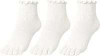 Soxsense white cotton five-toe ankle socks with ribbed ruffle cuffs, shown as a three-pair pack