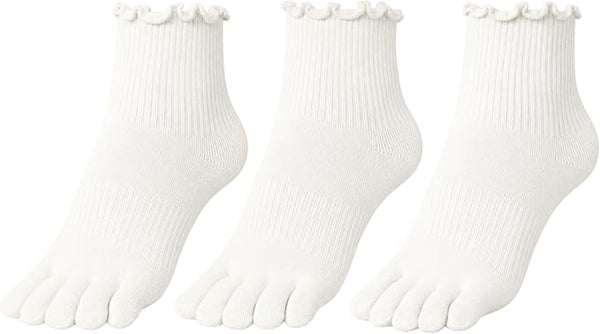 Soxsense white cotton five-toe ankle socks with ribbed ruffle cuffs, shown as a three-pair pack