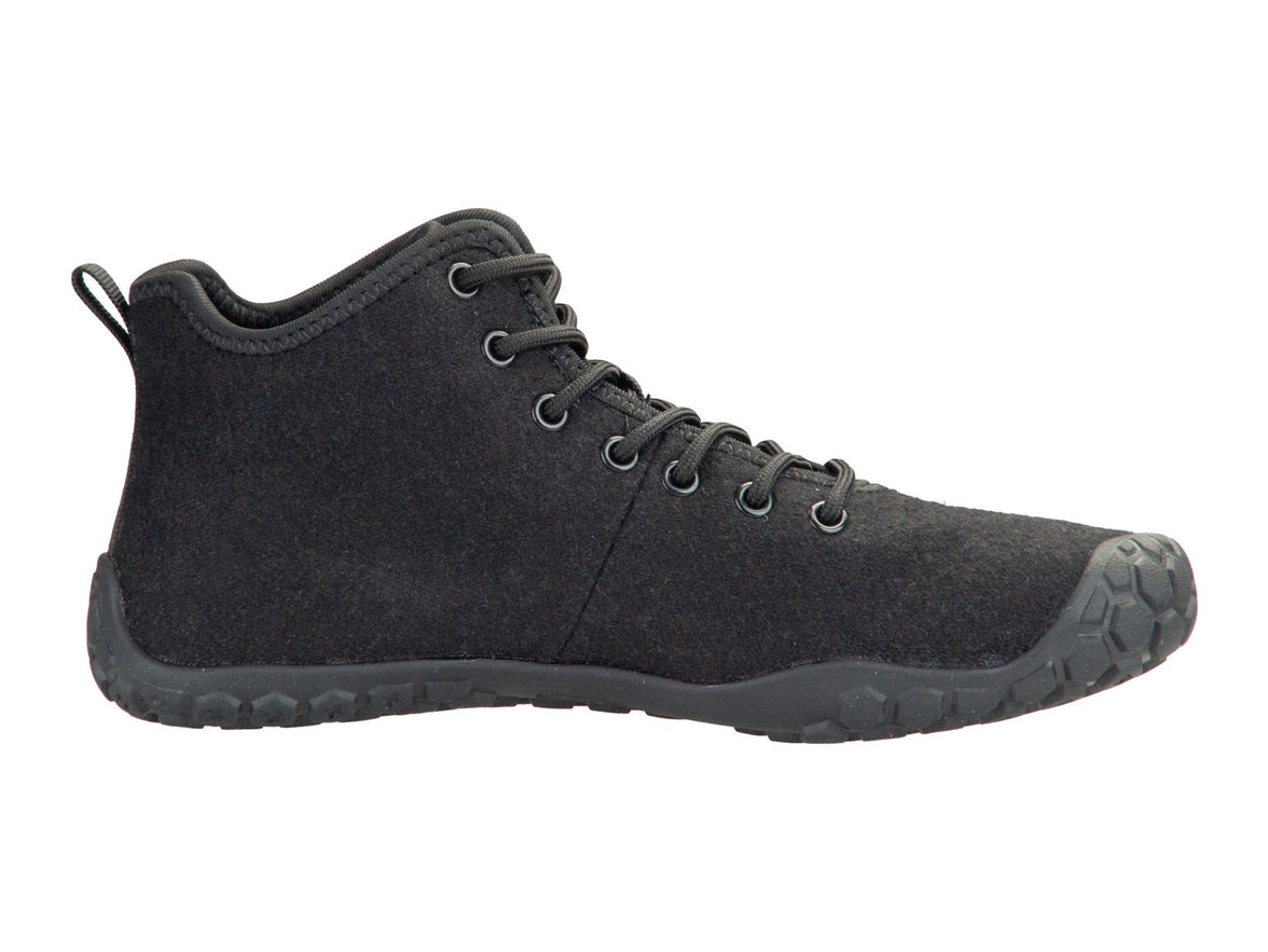 Black Ballop Corso Mid Cut barefoot shoe showing its wool-blend upper