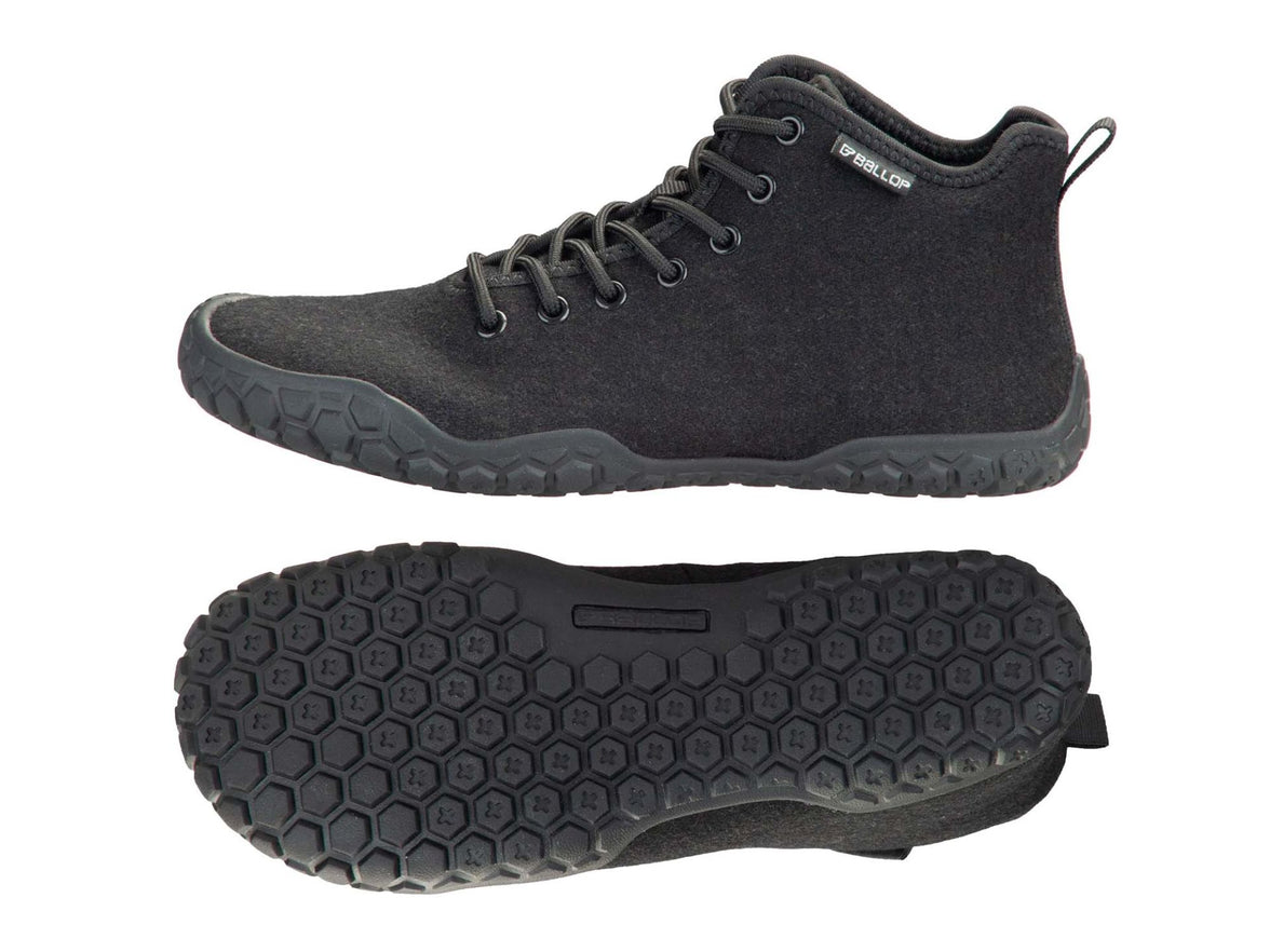 Ballop Corso Mid Cut black zero-drop barefoot shoe, mid-cut lace-up design