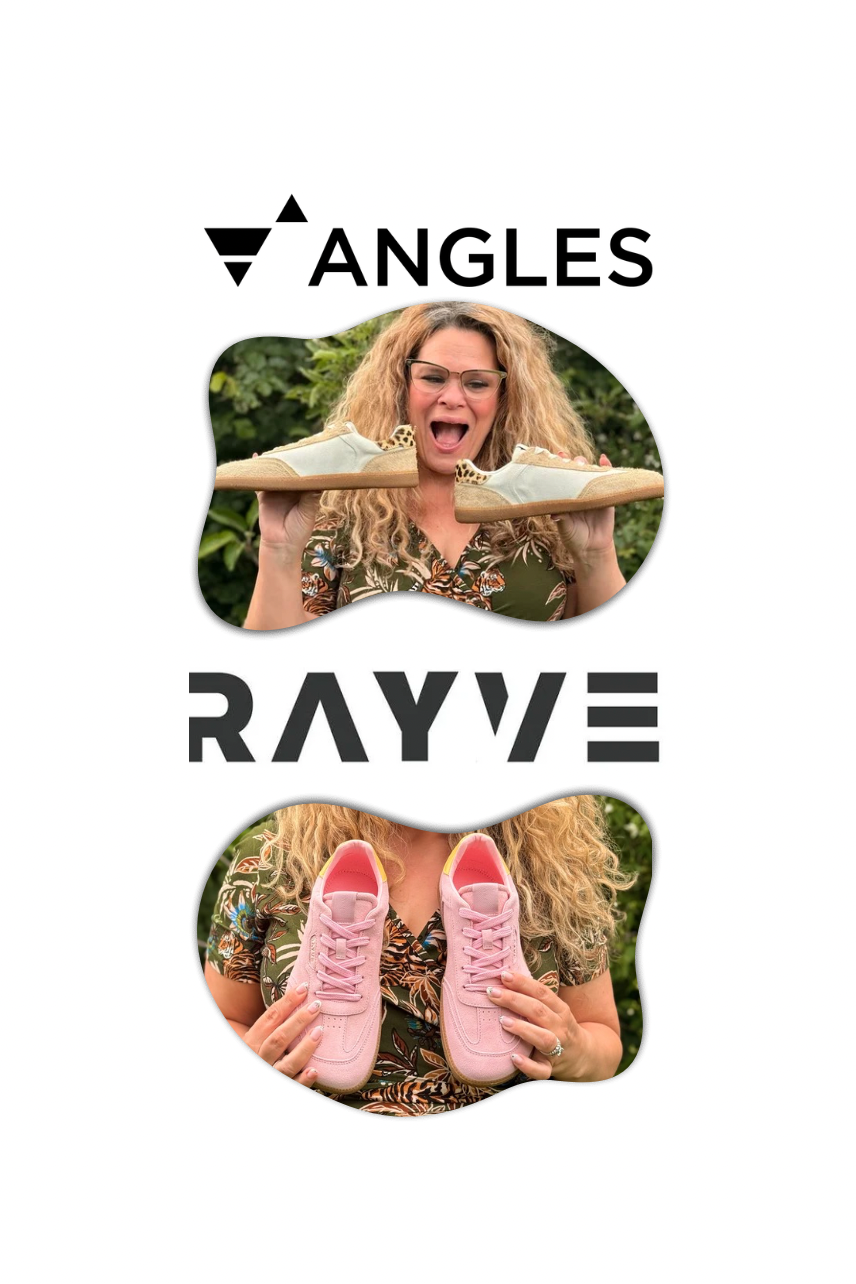 Person holding pink sneakers with 'ANGLES' and 'RAYVE' branding on a white background.