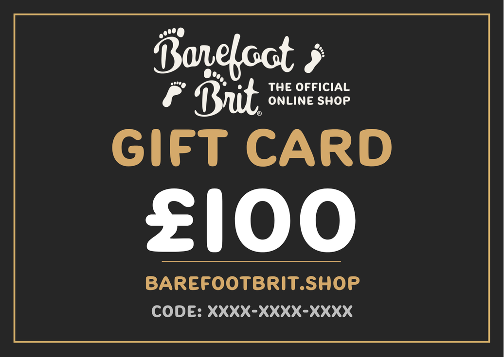 £100 Barefoot Brit Shop e-gift voucher showing the £100 value, clean minimalist layout, and official branding.