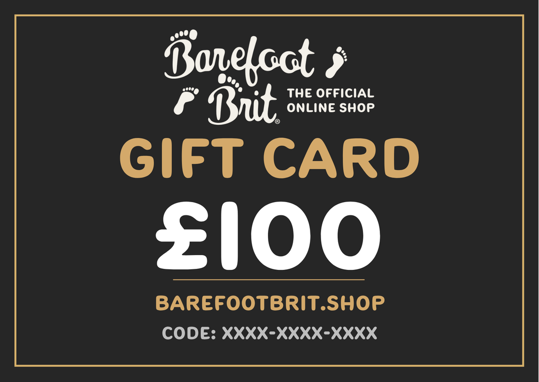 £100 Barefoot Brit Shop e-gift voucher showing the £100 value, clean minimalist layout, and official branding.