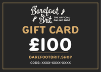 £100 Barefoot Brit Shop e-gift voucher showing the £100 value, clean minimalist layout, and official branding.