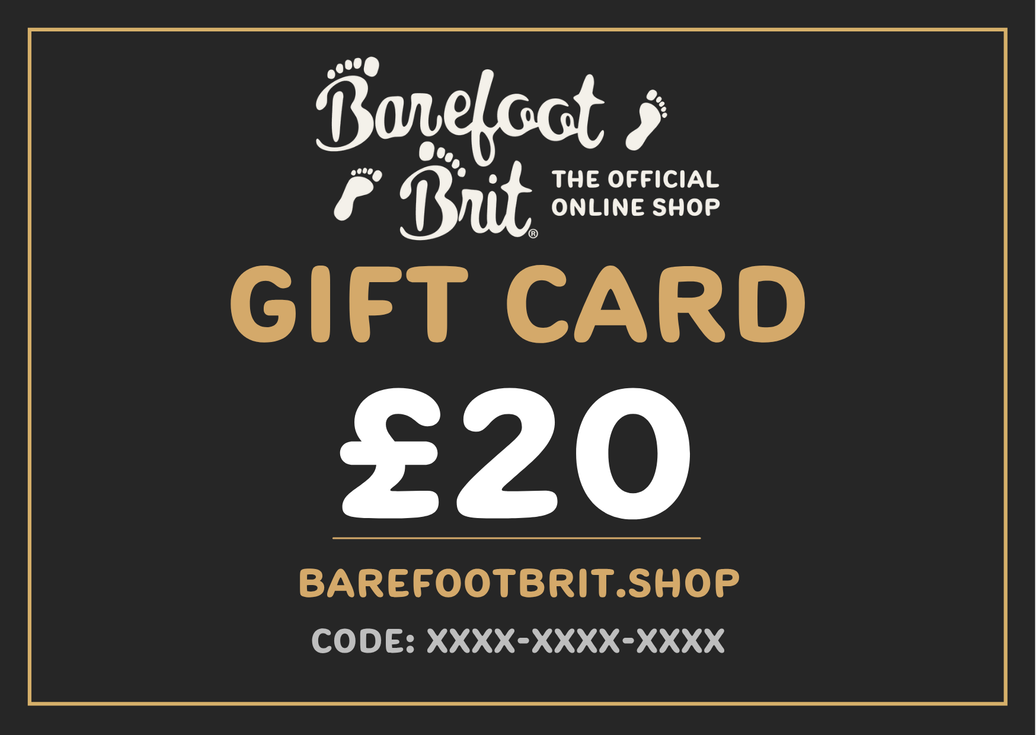 £20 Barefoot Brit Shop e-gift card featuring the official logo and a £20 voucher value on a sleek dark background.