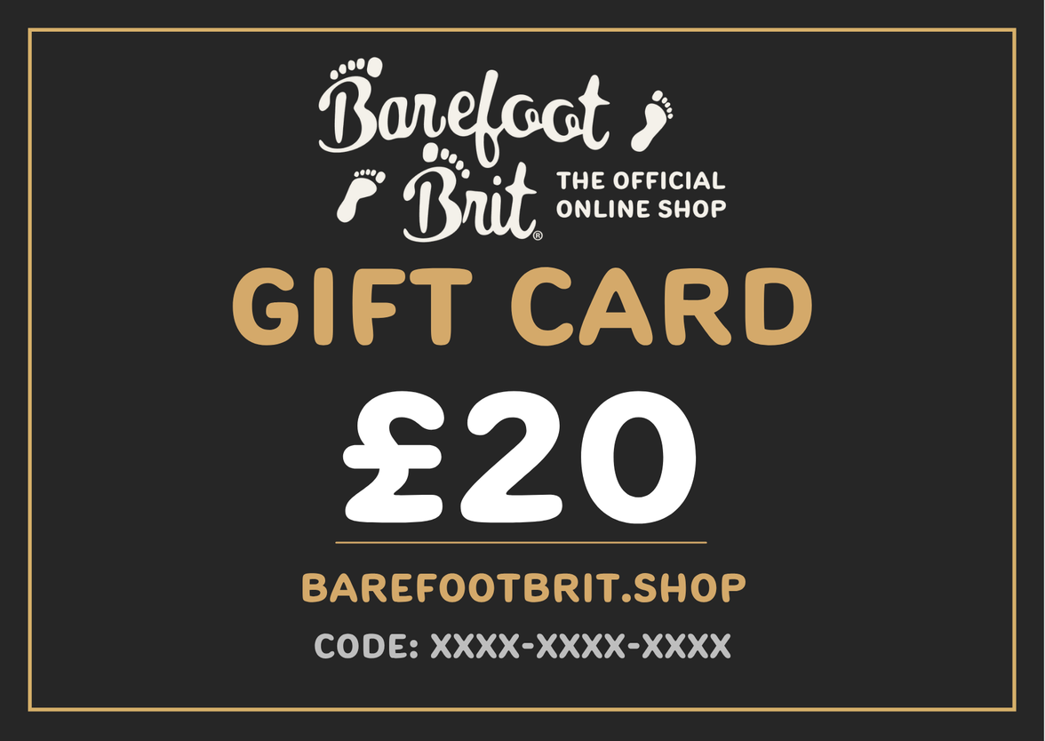 £20 Barefoot Brit Shop e-gift card featuring the official logo and a £20 voucher value on a sleek dark background.