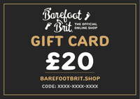 £20 Barefoot Brit Shop e-gift card featuring the official logo and a £20 voucher value on a sleek dark background.