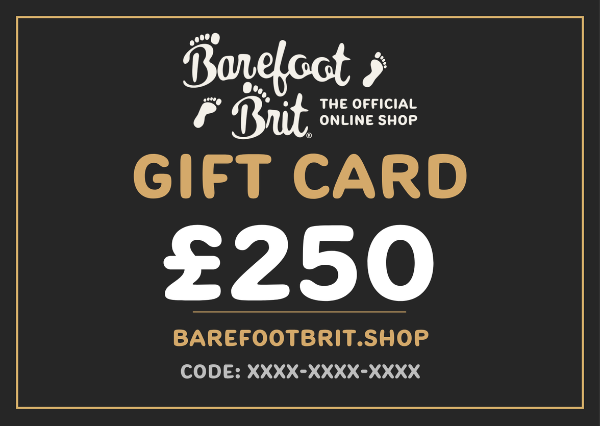 £250 Barefoot Brit Shop digital gift card featuring the official gold logo, a white £250 voucher amount, and a placeholder code on a dark grey background.