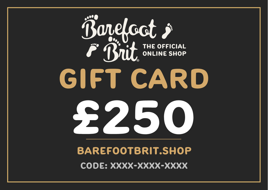 £250 Barefoot Brit Shop digital gift card featuring the official gold logo, a white £250 voucher amount, and a placeholder code on a dark grey background.
