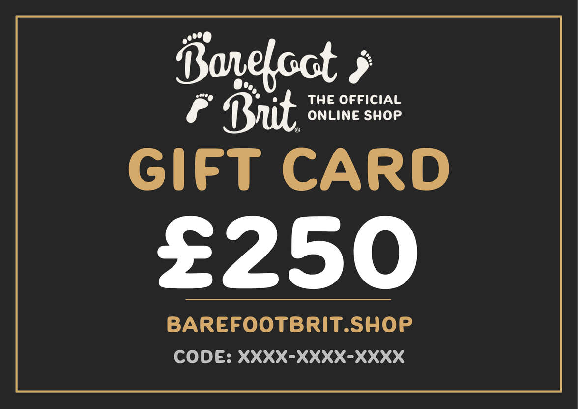 £250 Barefoot Brit Shop digital gift card featuring the official gold logo, a white £250 voucher amount, and a placeholder code on a dark grey background.