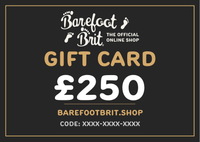 £250 Barefoot Brit Shop digital gift card featuring the official gold logo, a white £250 voucher amount, and a placeholder code on a dark grey background.
