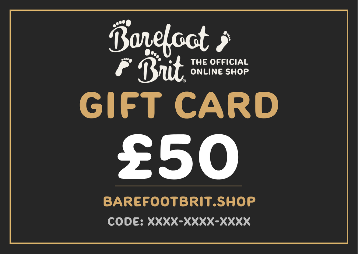 £50 Barefoot Brit Shop digital gift card with a clean gold and white design on a dark charcoal background.