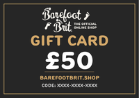 £50 Barefoot Brit Shop digital gift card with a clean gold and white design on a dark charcoal background.