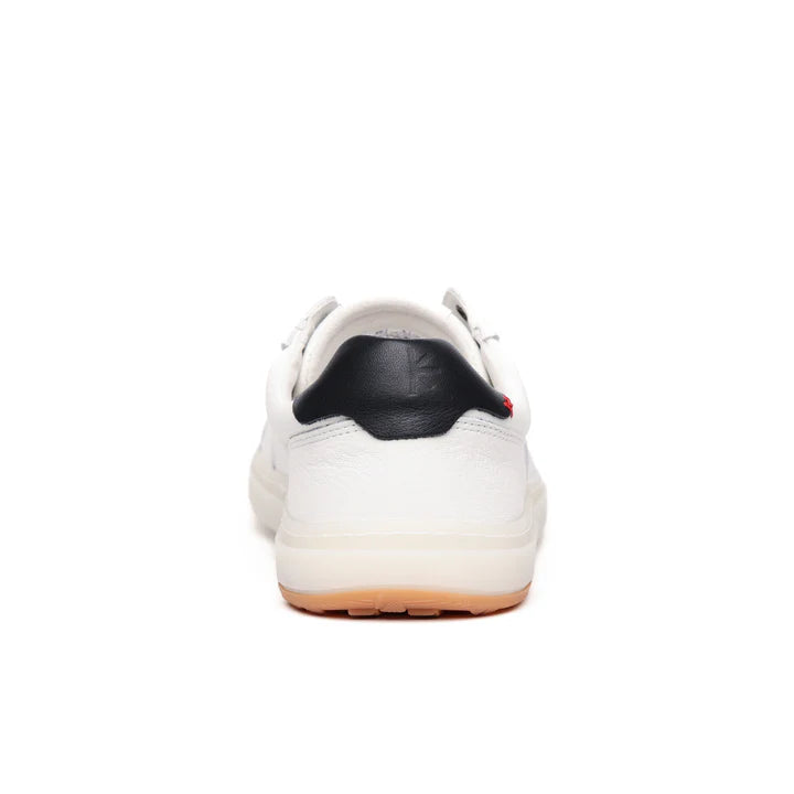 Blusun brand White sneaker with black heel and red logo on a white background
