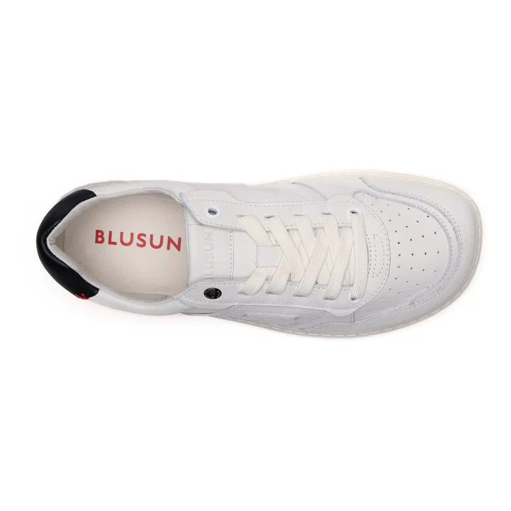 Blusun brand White sneaker with black heel and red logo on a white background