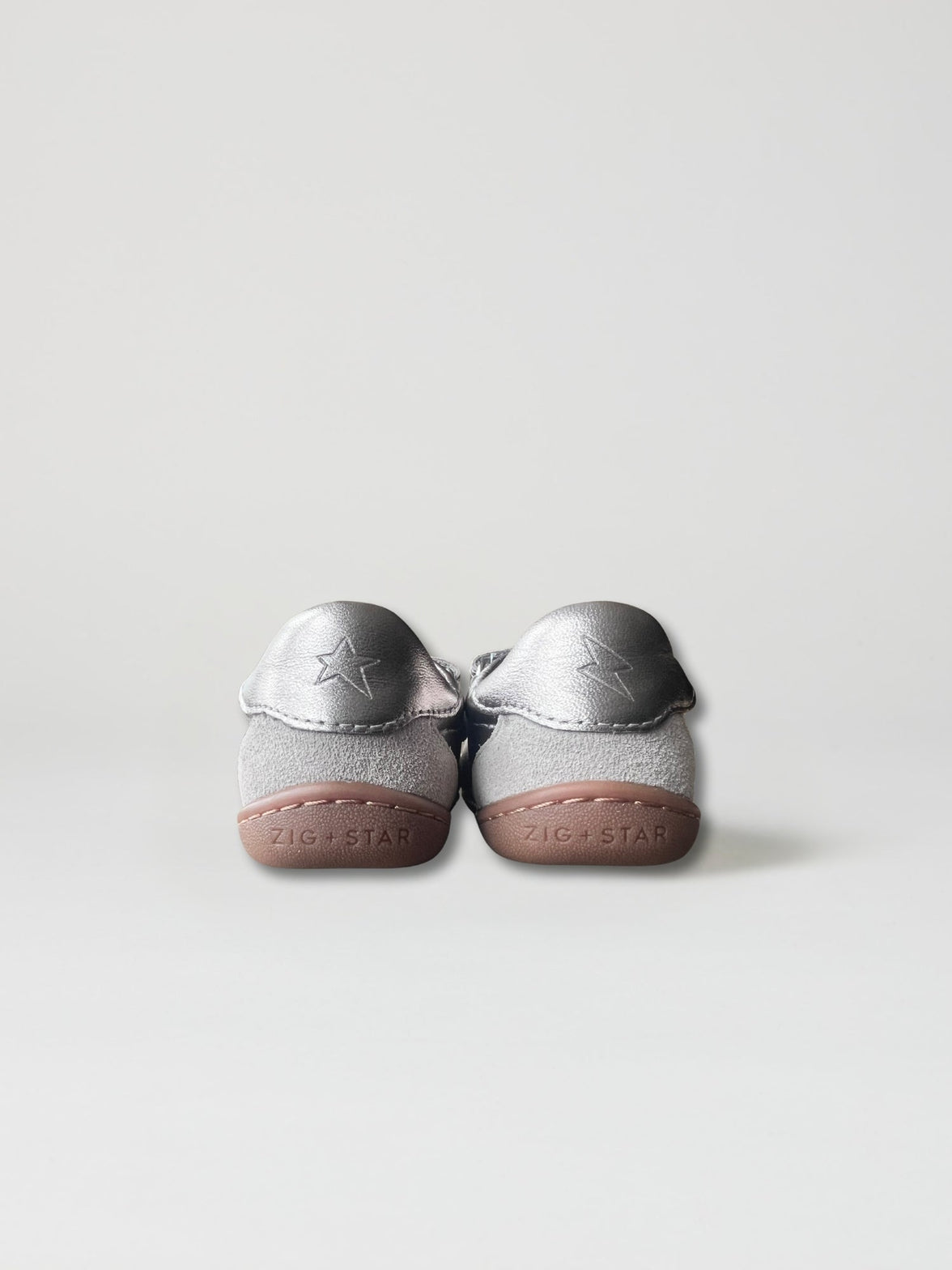 Jett infant barefoot shoe Metallic Pewter by ZIG+STAR, back view