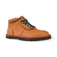 Brown leather jim greens boot with green laces on a white background side view