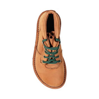 Brown leather barefoot boot with green laces on a white background top down view