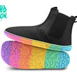 Side profile of PaperKrane Kranebow barefoot boot showing flexible rainbow rubber sole
