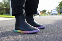 PaperKrane Kranebow JNR kids barefoot Chelsea boots worn standing on a road