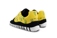 Yellow and black Barefoot shoes with a cartoonish design on a white background, by Paperkrane