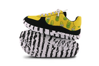 Pair of cartoon-themed shoes with black and white patterned sole on a white background, barefoot shoes by paperkrane