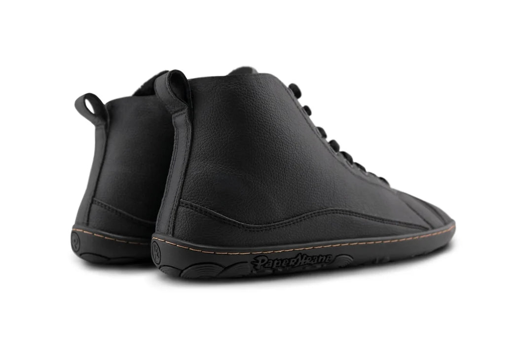 PaperKrane Stealth Tall black barefoot boots rear view showing heel and shaft