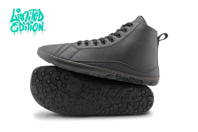 PaperKrane Stealth Tall black vegan barefoot combat boots front angled pair