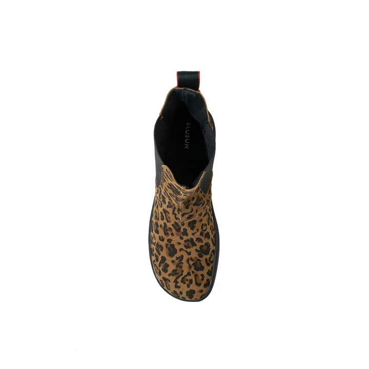 BLSN-300W Leo Barefoot Chelsea Boot top view showing wide anatomical toe box and leopard suede pattern