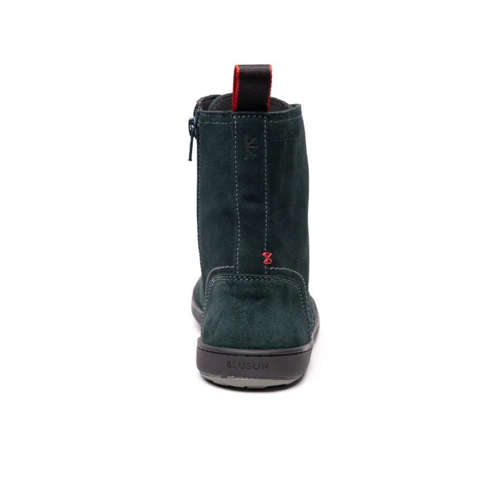 BLSN-040W Pine Green Suede Barefoot Boot back view showing red heel pull tab