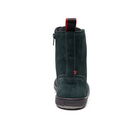 BLSN-040W Pine Green Suede Barefoot Boot back view showing red heel pull tab