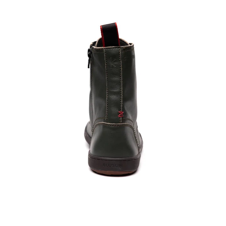 BLSN-040W Pine Green Barefoot Boot back view showing red heel pull tab