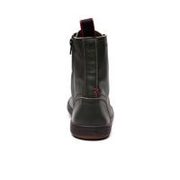 BLSN-040W Pine Green Barefoot Boot back view showing red heel pull tab