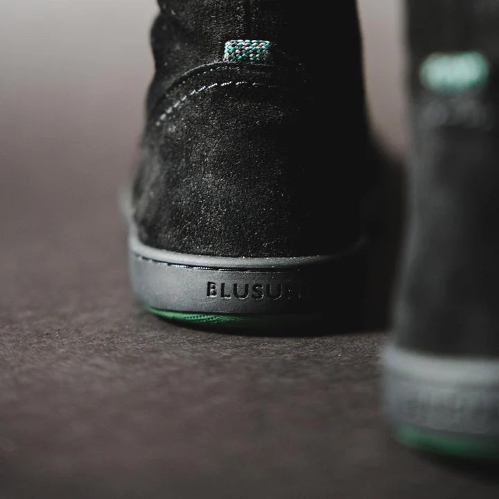 BLSN-400W Black Suede Barefoot Boot close-up of heel counter, flexible sole, and embossed logo