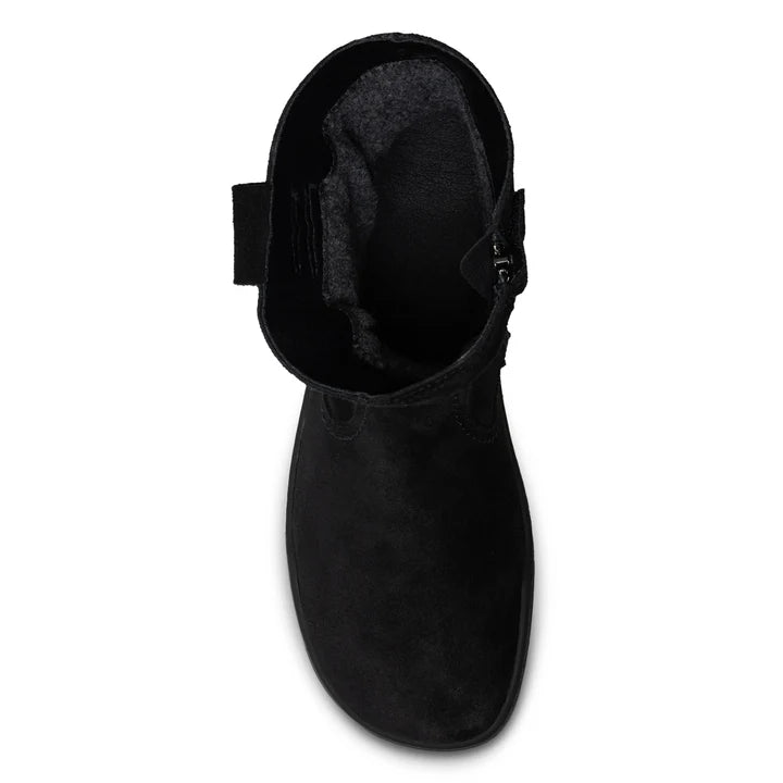 BLSN-400W Black Suede Barefoot Boot top-down view highlighting foot-shaped wide toe box