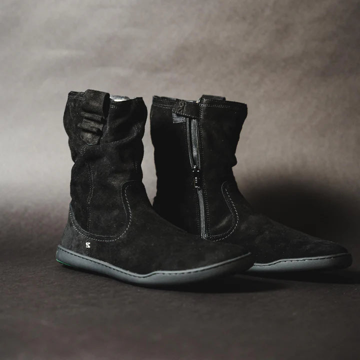 BLSN-400W Black Suede Barefoot Boot front view showing inner zipper closure