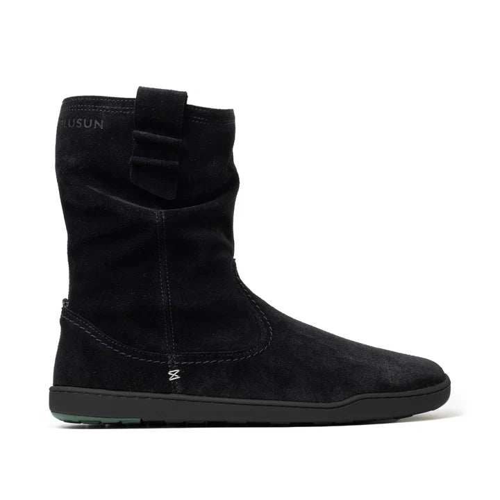 BLSN-400W Women's Barefoot Slouch Boot in Black Suede - Side profile view