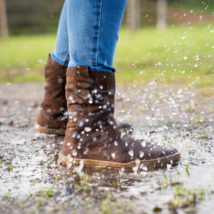 BLSN-400W Brown Suede Barefoot Boot tested in rain puddle showing water repellency