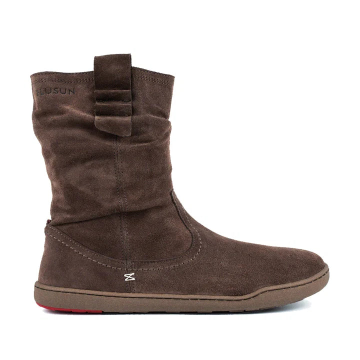 BLSN-400W Women's Barefoot Slouch Boot in Brown Suede - Side profile view