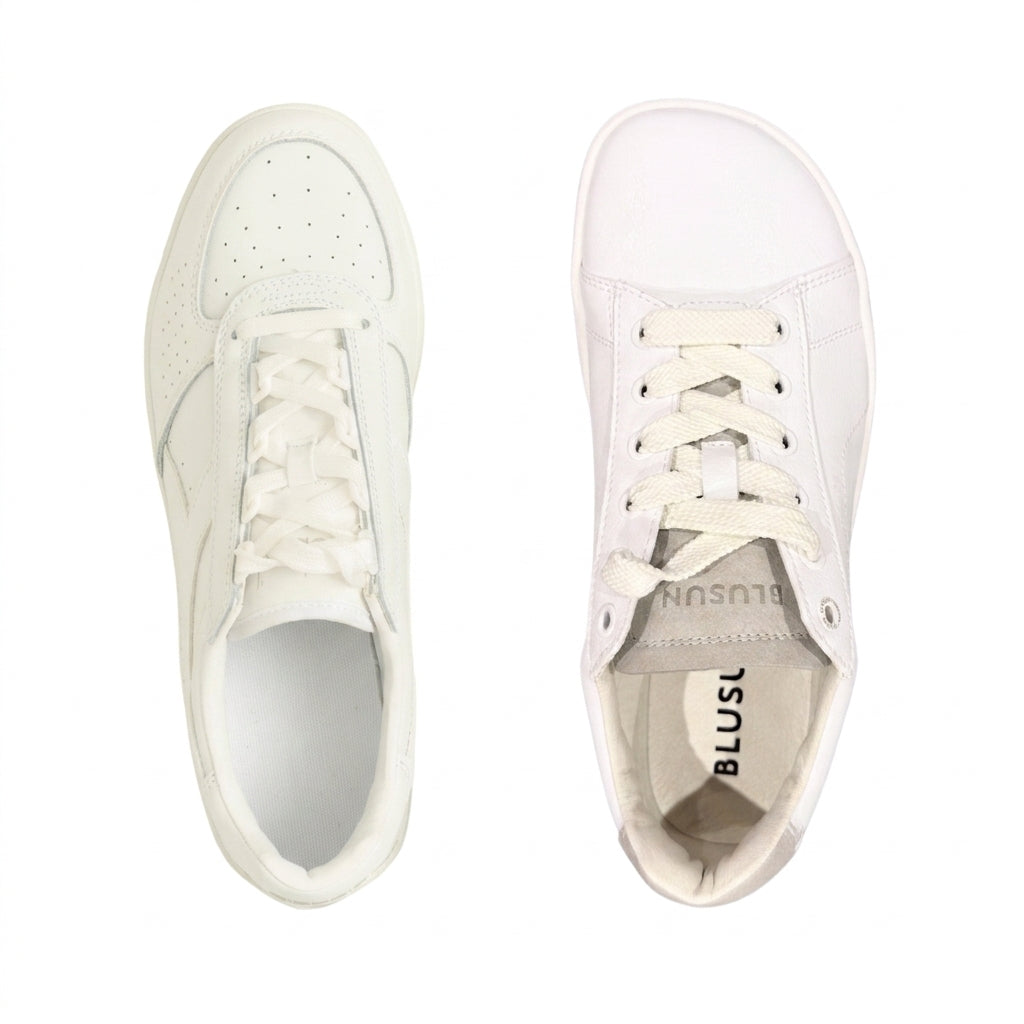 Top-down comparison of a conventional narrow-toe shoe next to a wide foot-shaped barefoot shoe, showing the difference in toe box width