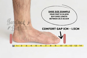 Foot measuring guide showing shoe size example with comfort gap